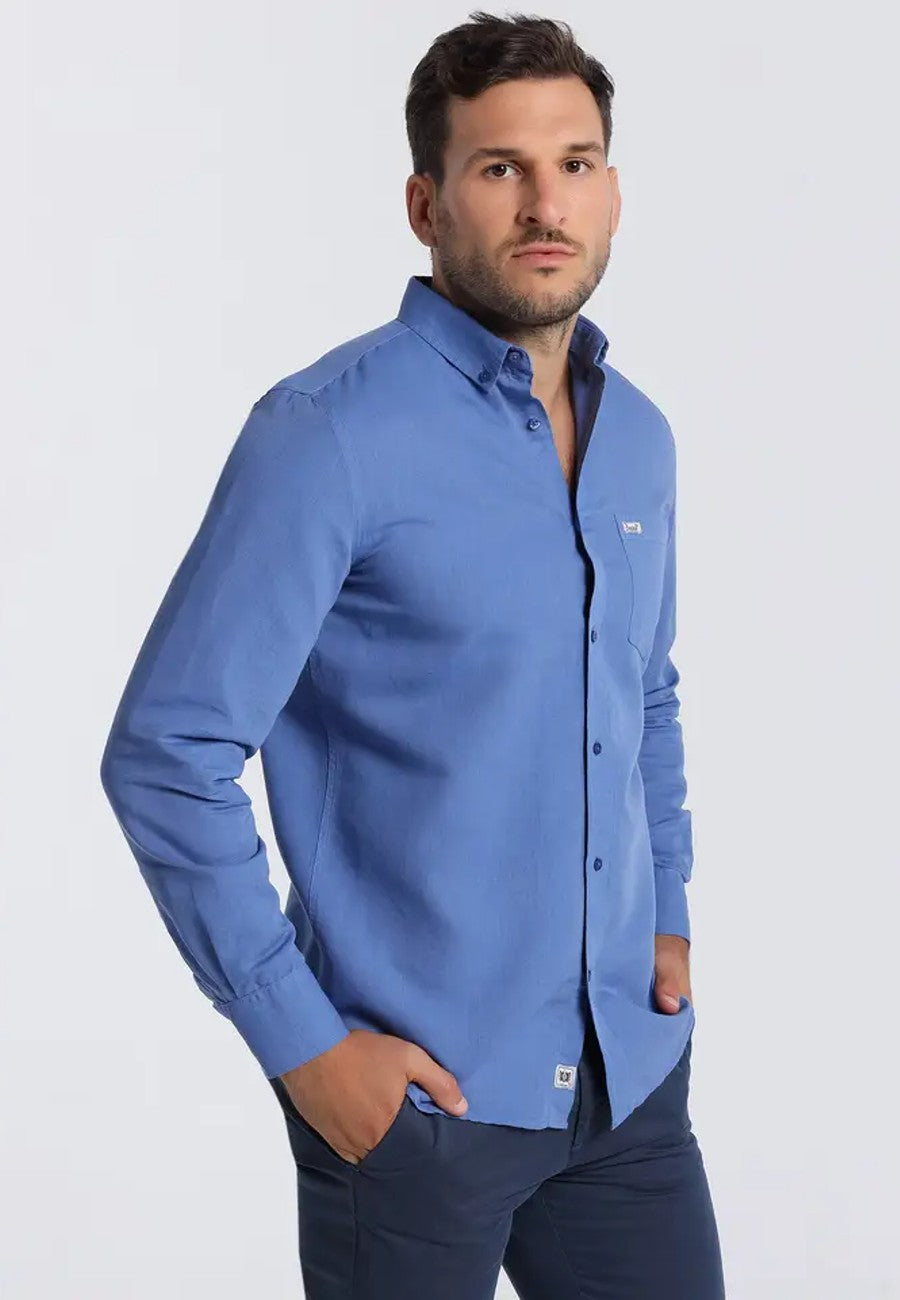 Camisa azul de hombre manga larga de lino y algodón