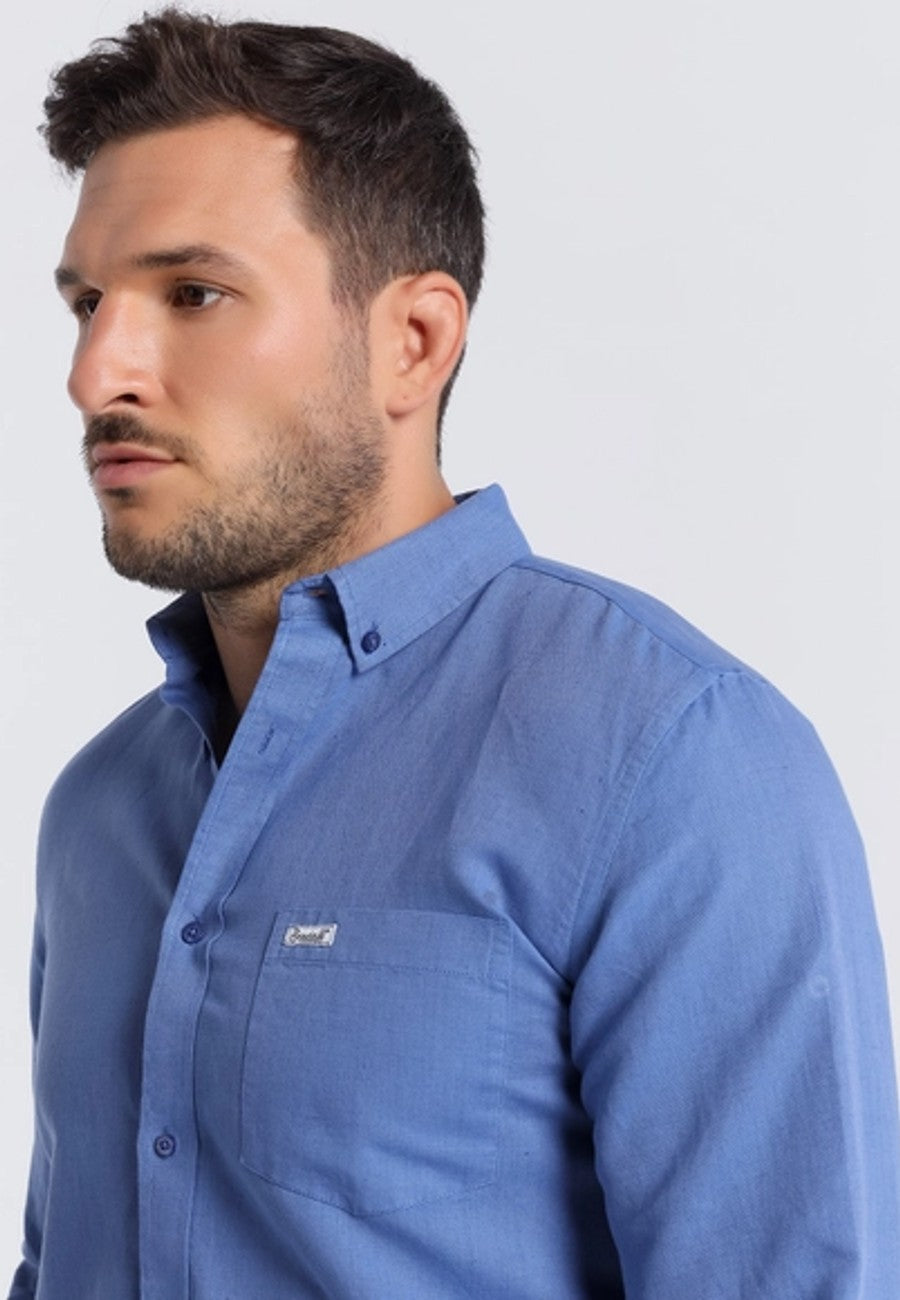 Camisa azul de hombre manga larga de lino y algodón