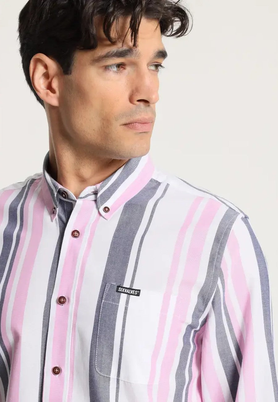 Camisa de hombre oxford de rayas estampadas manga larga