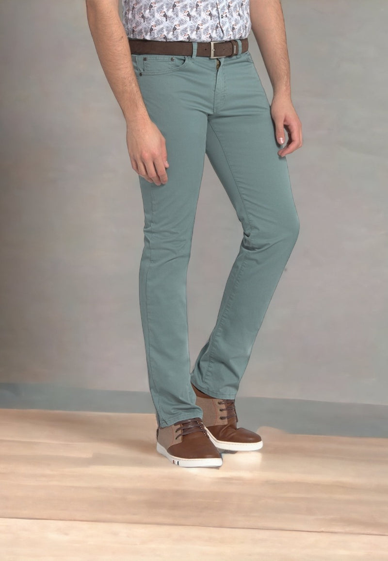 Pantalones tipo Jeans elásticos color Azulón, verde y beige